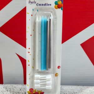 Velas Blanca, Celeste y Plateada con Portavela 12 cm. x 6 unid. IMP 37094