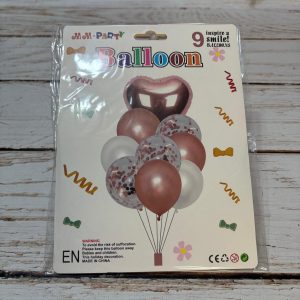 SET 9 GLOBOS CORAZON METALIZADO LATEX CONFETTI  ROSA GOLD  IMP. 38350