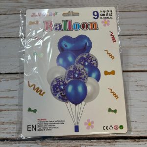 SET 9 GLOBOS CORAZON METALIZADO LATEX CONFETTI AZUL IMP. 38346
