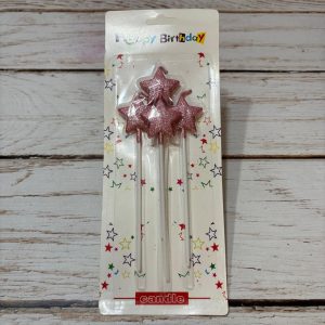 Velas Estrellas Gibreadas Rosa con Palito x 4 Unid. IMP. 38419