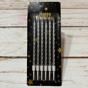 Vela Metalizada Torneada Plata con Portavela 13 cms x 6 unid. IMP 38466