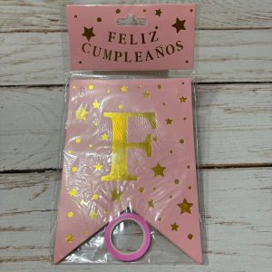 Cartel Feliz Cumple Rosa  Estrellas Doradas IMP. 38359