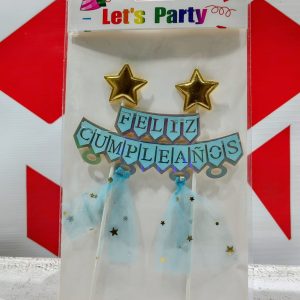 Cake Topper Banderines Celeste Con Estrellas Doradas  FELIZ CUMPLEAÑOS IMP. 44707