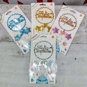 CAKE TOPPER FELIZ CUMPLEAÑOS 3D CURSIVA METALIZADO CIRCULO ONDAS 3 PIEZAS IMP 45081