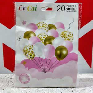 Set 20 Globos Látex Confetti Tricolor Rosa/Dorado/Blanco - IMP. 46439