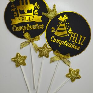 Cake Topper Feliz Cumpleaños Circular Negro C/ Dorado Modelos Surtidos  IMP. 52291
