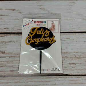 Topper Acrilico Feliz Cumple Dorado y Negro Redondo  IMP. 38352
