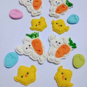 Kit Pascuas 3 pastillaje (4 conejos c/zanahoria + 4 pollitos + 4 huevitos)