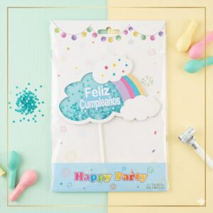 CAKE TOPPER FELIZ CUMPLEAÑOS NUBE CELESTE C/ CONFETTI 20CM 67019