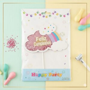 CAKE TOPPER FELIZ CUMPLEAÑOS NUBE ROSA C/ CONFETTI 20CM 67018