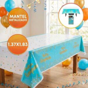 Mantel Metalizado Feliz Cumple Círculos 1.37x1.83 Celeste IMP. 67044