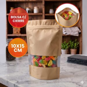 Bolsa Doy Pack con Cierre Hermético Dorado Mate con Franja Transparente 12x20 Cm. IMP. 68013