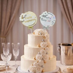 CAKE TOPPER X1 FELIZ CUMPLEAÑOS CIRCULAR POMPON Y PERLAS DORADO/PLATEADO 72339 IMP