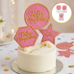 CAKE TOPPER ACRILICO FELIZ CUMPLEAÑOS FORMAS SURTIDAS FONDO GIBREADO ROSA IMP 74785
