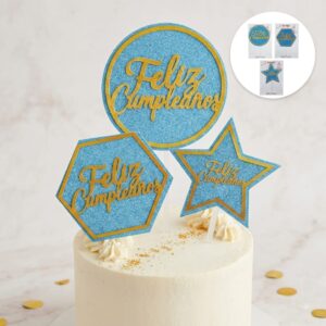 CAKE TOPPER ACRILICO FELIZ CUMPLEAÑOS FORMAS SURTIDAS FONDO GIBREADO CELESTE IMP 74784