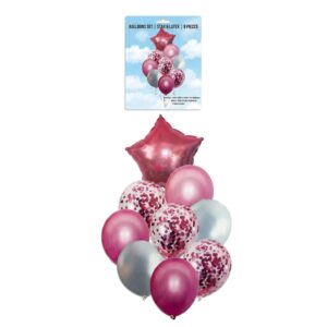 SET 9 GLOBOS ESTRELLA METALIZADO LATEX CONFETTI  ROSA IMP. 74766