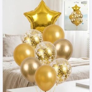 SET 9 GLOBOS ESTRELLA METALIZADO LATEX CONFETTI DORADA IMP. 74769