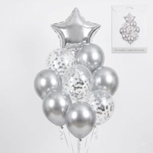SET 9 GLOBOS ESTRELLA METALIZADO LATEX CONFETTI PLATEADA   IMP. 74768