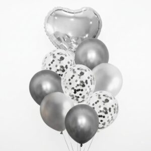 SET 9 GLOBOS CORAZON METALIZADO LATEX CONFETTI  PLATEADO IMP. 74771