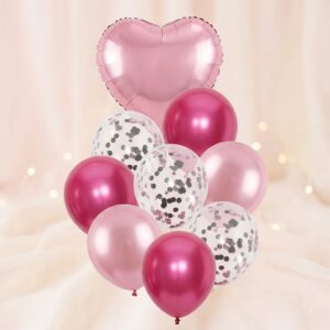 SET 9 GLOBOS CORAZON METALIZADO LATEX CONFETTI  ROSA IMP. 74772