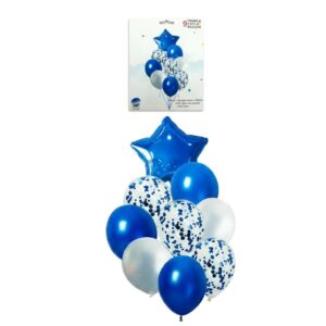 SET 9 GLOBOS ESTRELLA METALIZADO LATEX CONFETTI  AZUL IMP. 74770